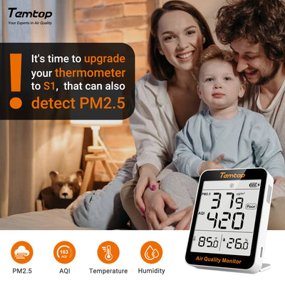 Temtop S1 Indoor Air Quality Meter Temperature & Humidity AQI PM2.5 Monitor with Accurate Sensor (Bracket Not Included)