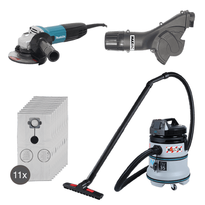 Makita 115mm Angle Grinder, MAXVAC Dust Shroud & DV35-MB Vacuum Complete Package, Pre-Installed