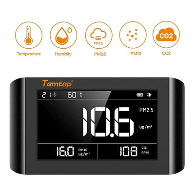 Temtop P1000 CO2 PM2.5 PM10 air quality monitor, wall-mounted type, 7.3 inch large screen, easy to read, real-time temperature and humidity display