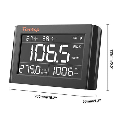 Temtop P1000 CO2 PM2.5 PM10 air quality monitor, wall-mounted type, 7.3 inch large screen, easy to read, real-time temperature and humidity display