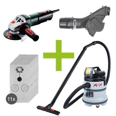 Metabo 4 1/2" (115mm) Angle Grinder, MAXVAC Dust Shroud & DV35-MBA Vacuum Complete Package, Pre-Installed